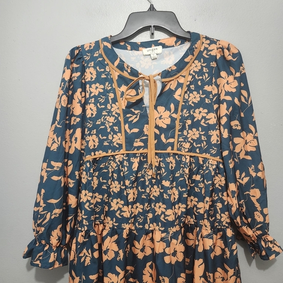 Umgee Women's Floral Mini Dress Size S Green And Orange Long Sleevs - Picture 2 of 7